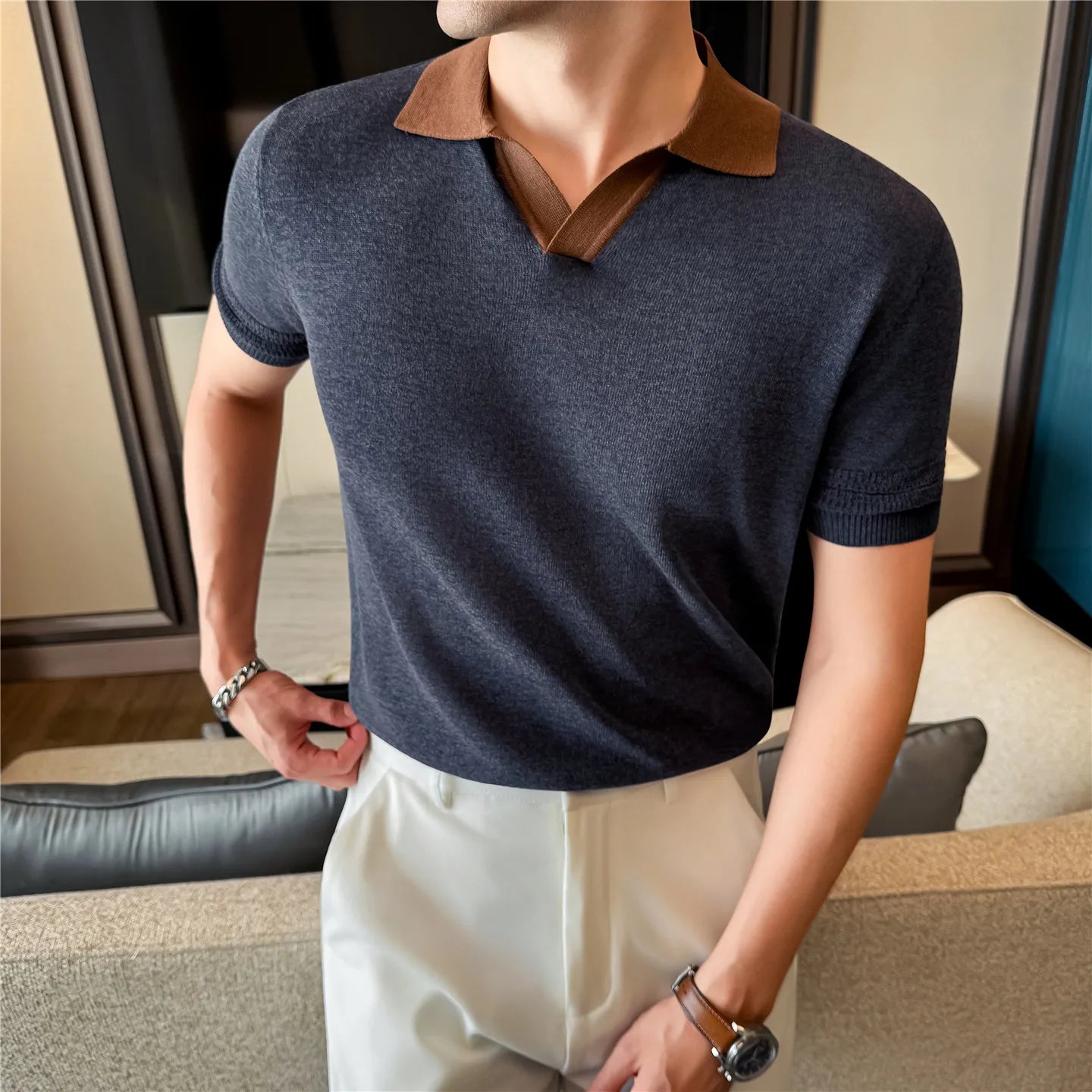 Slim Fit Linen Short-Sleeve Polo Shirt