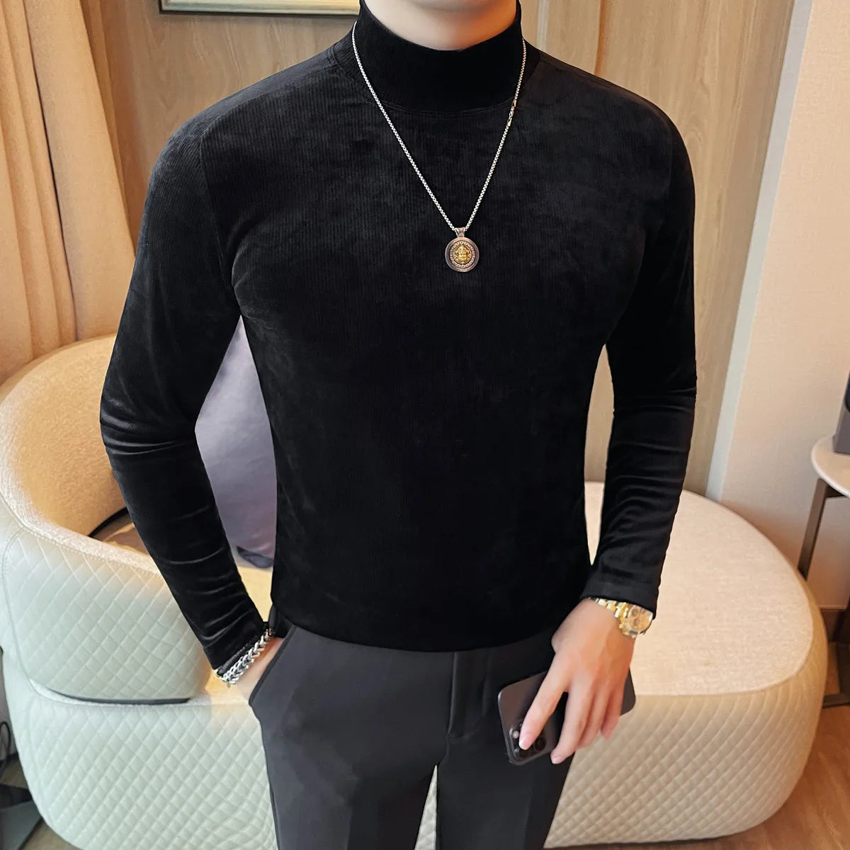 Slim Fit Velvet Long-Sleeve T-Shirt