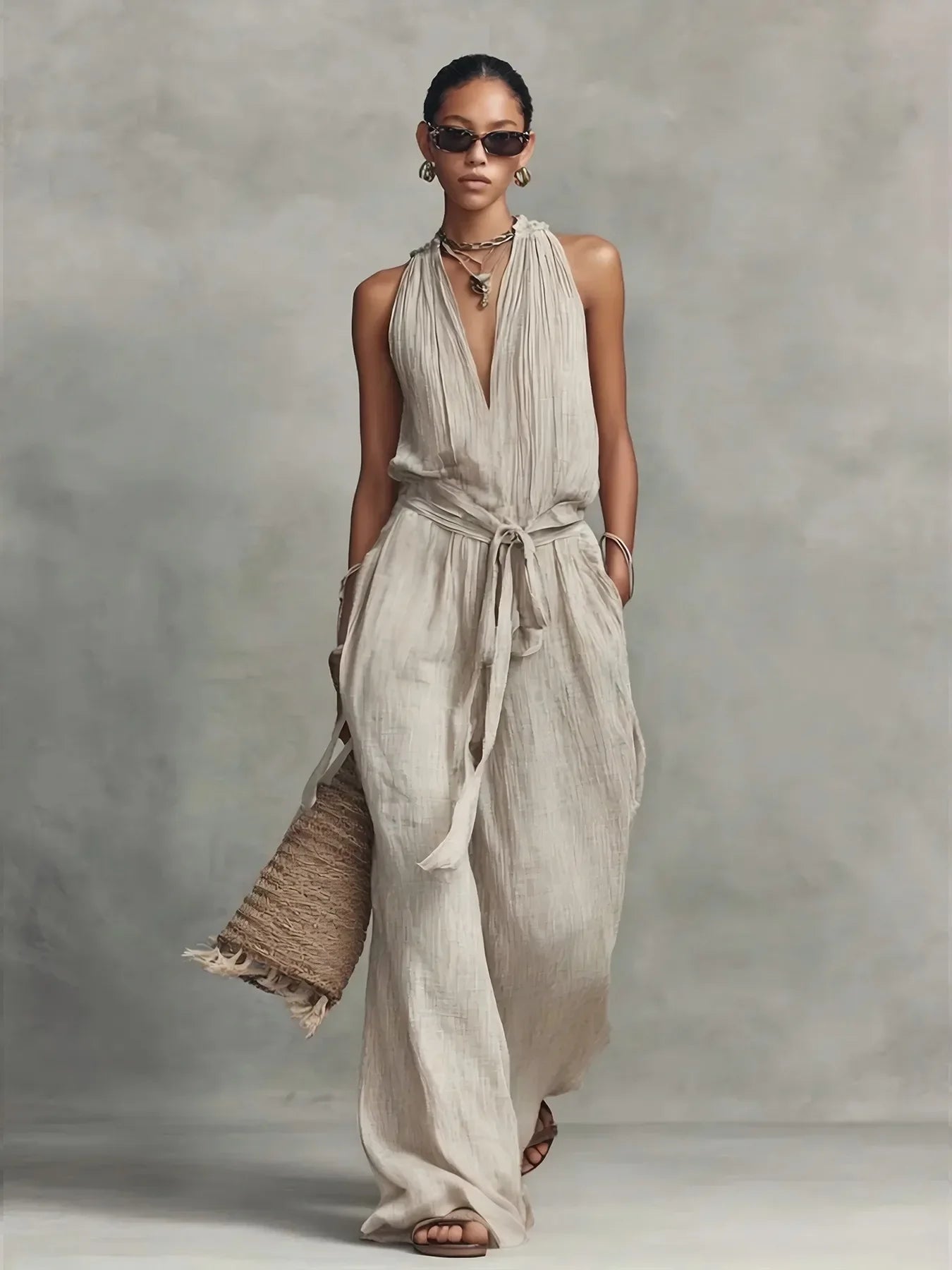 Women's Front Tie Wide Leg Jumpsuit
