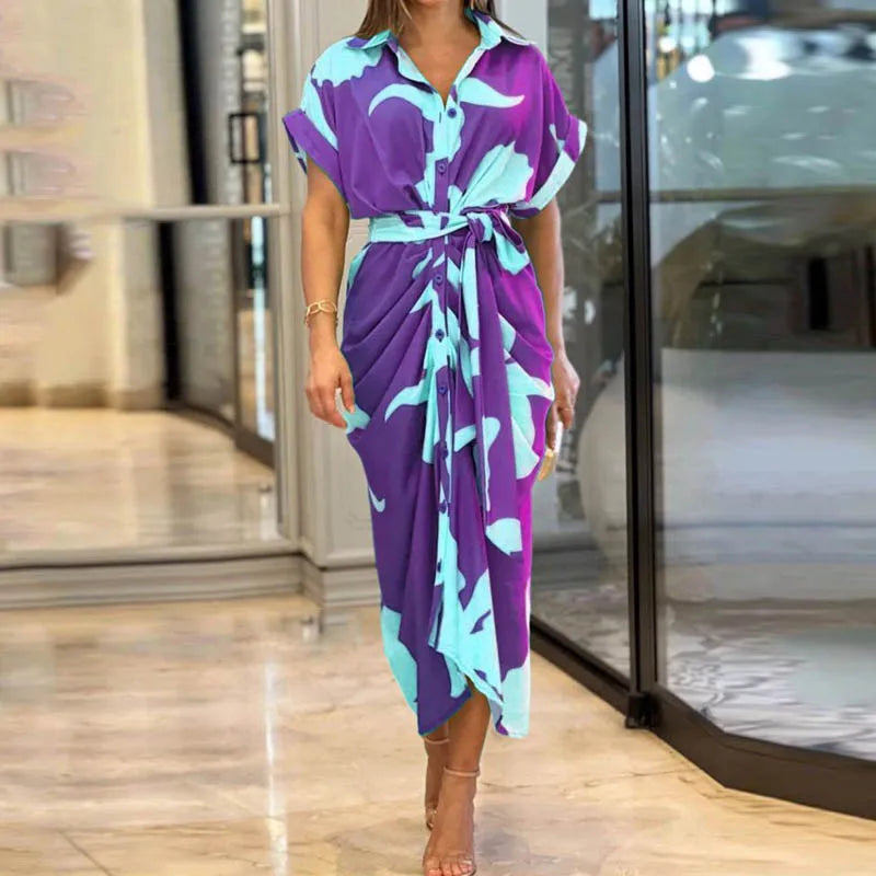 Women's Printed Tie Waist Shirt Midi Dress