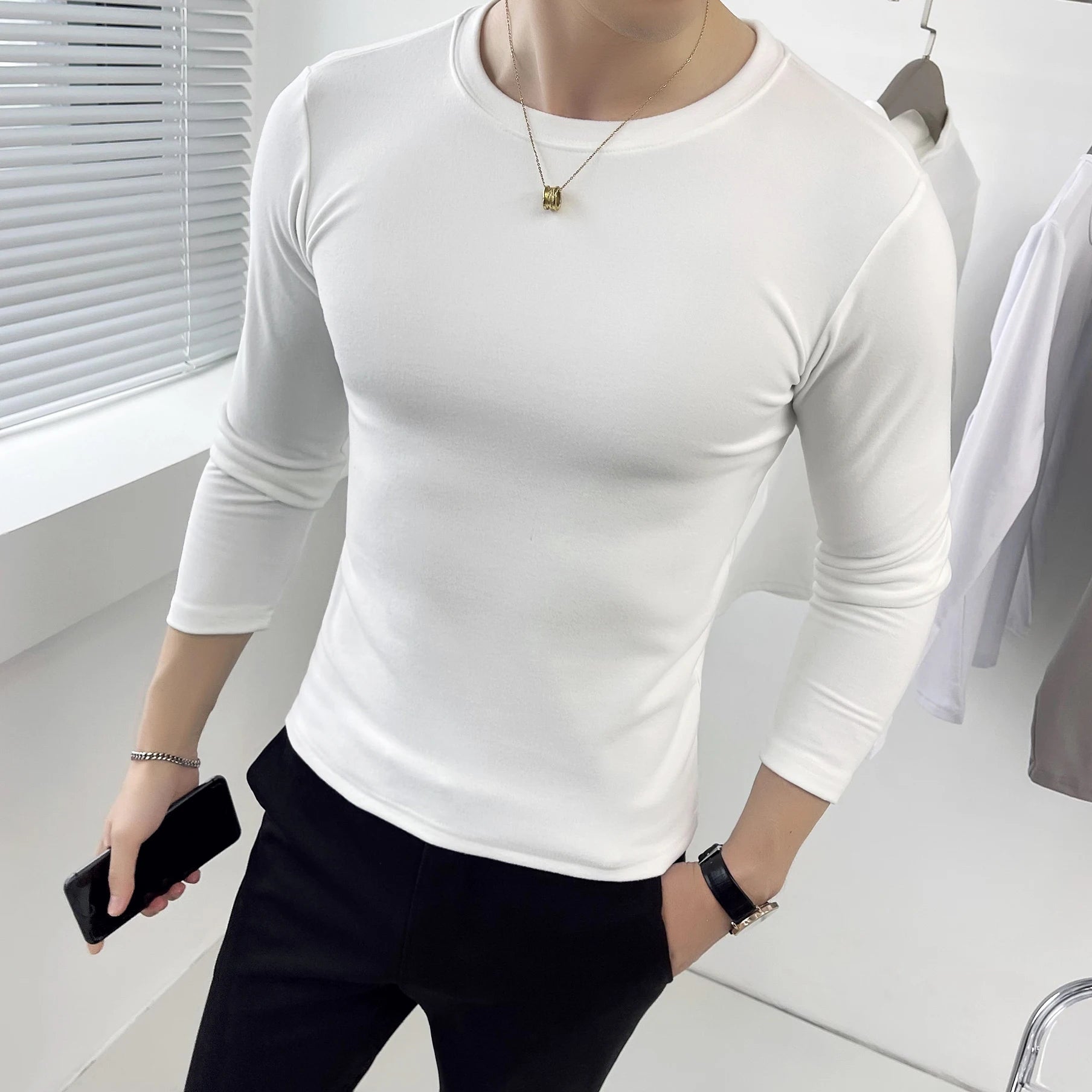 Slim Fit Velvet Long-Sleeve T-Shirt