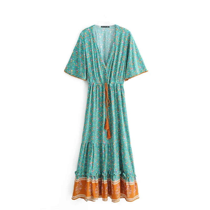 Women's Drawstring Bohemian Maxi Dress
