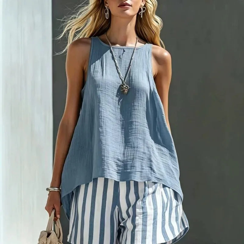 Women's Sleeveless Tank and Striped Shorts Set