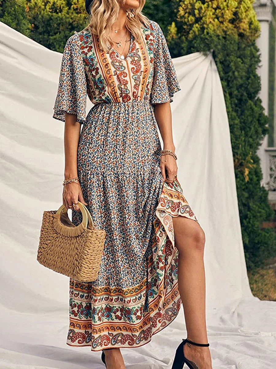Women's Flowy Boho Print V Neck Maxi Dress