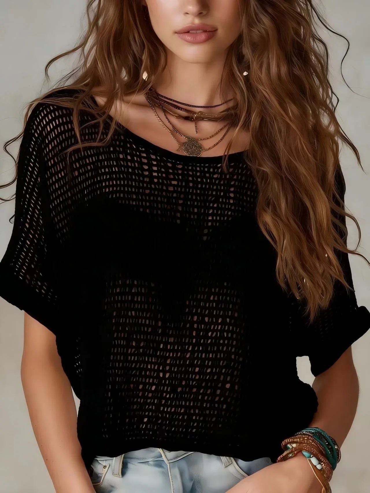 Women's Breathable Short Sleeve Crochet Top