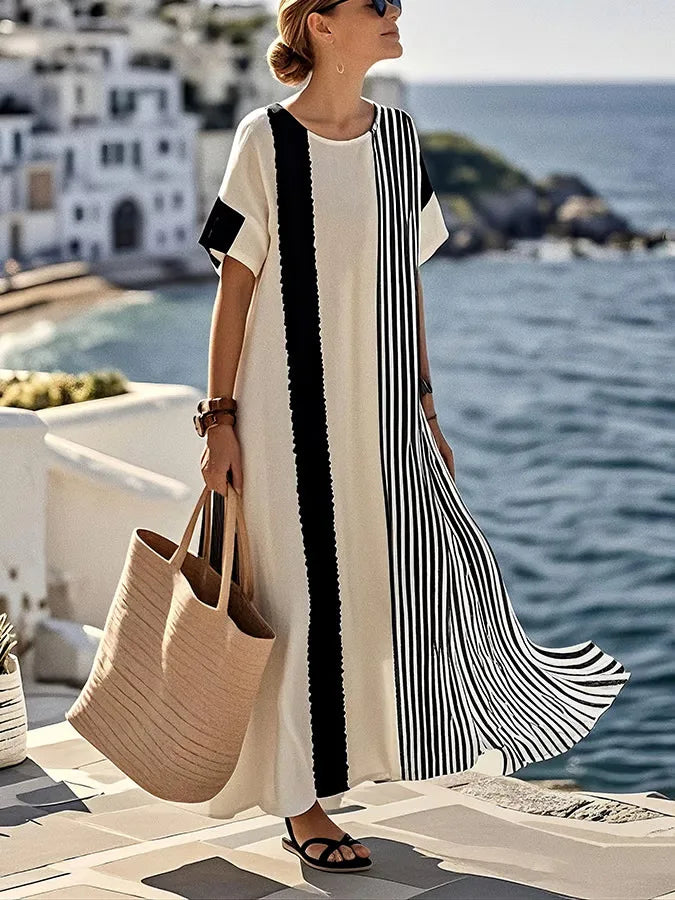 Women's Striped Short Sleeve Flowing Maxi Dress
