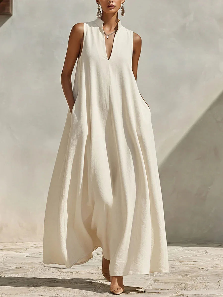 Women's Linen V-Neck Pocket Maxi Dress