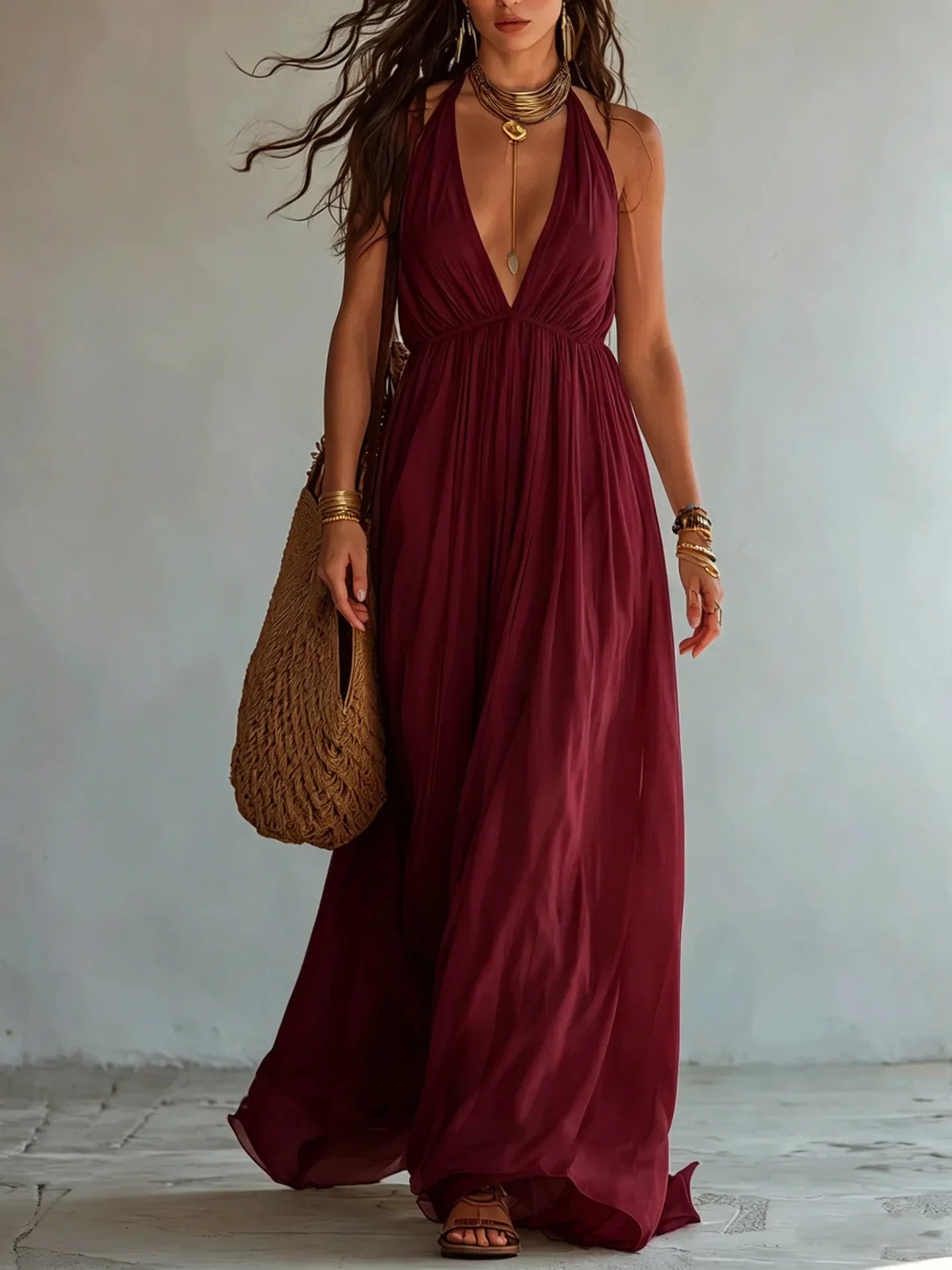 Women's Deep V Neck Maxi Dress