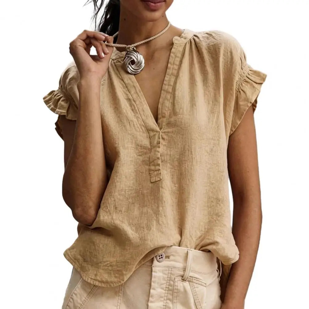 Women's Relaxed V Neck Ruffled Blouse