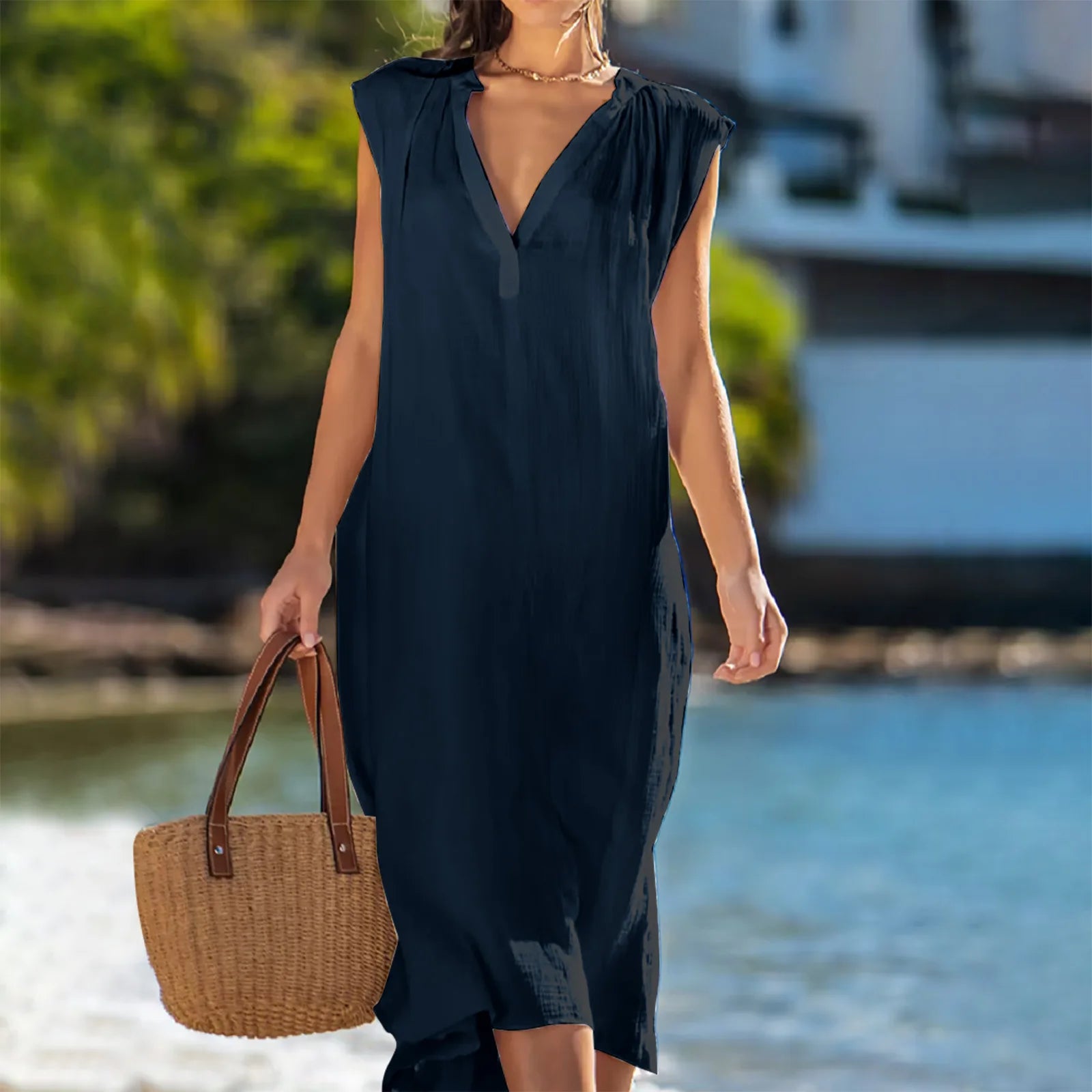 Women's Relaxed V Neck Midi Dress