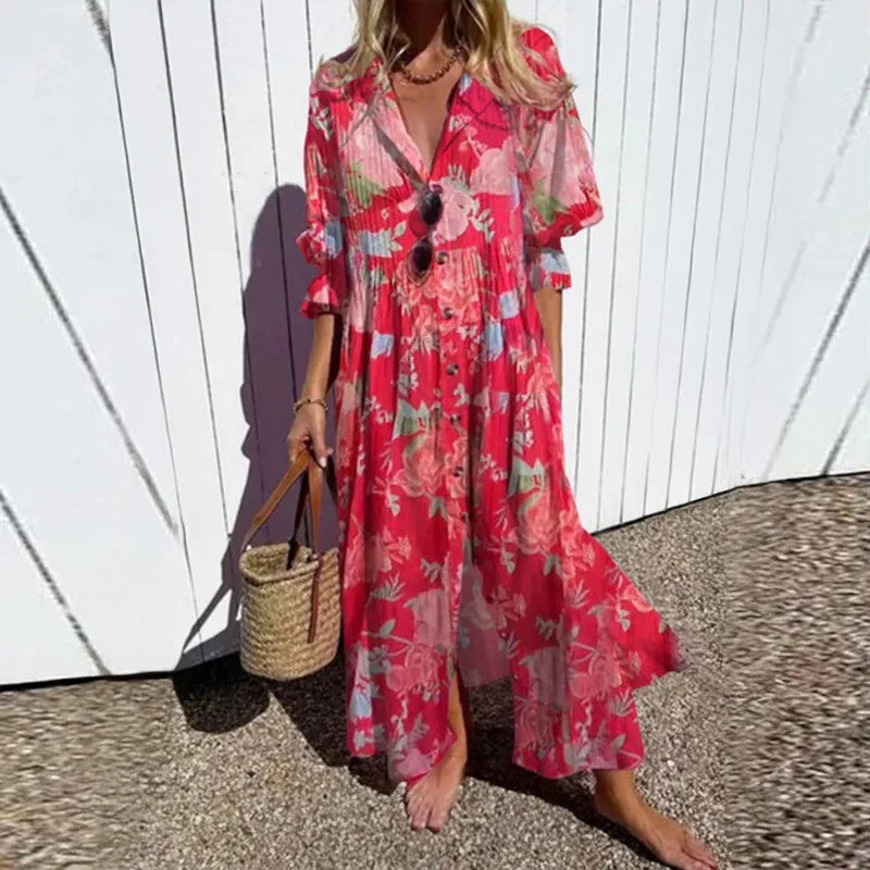 Women's Casual Printed Long Sleeve Maxi Dress