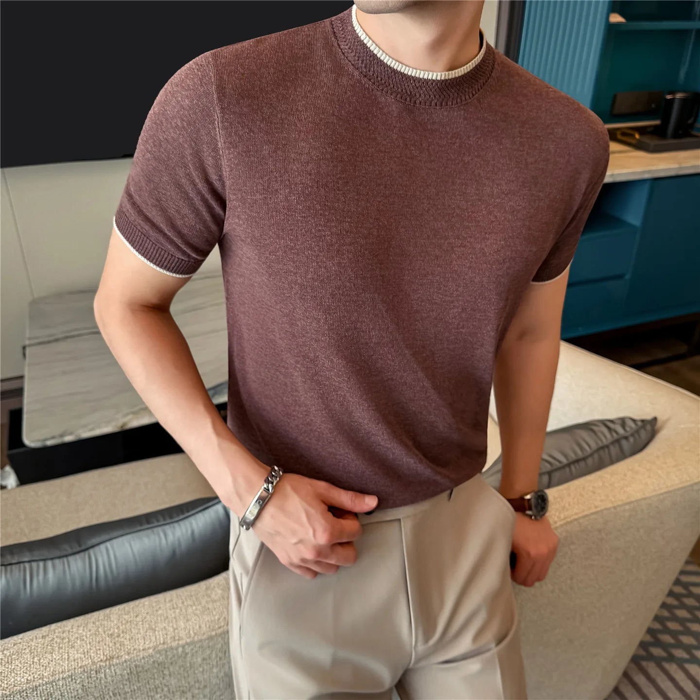 Slim Fit Linen Short-Sleeve Knit Sweater
