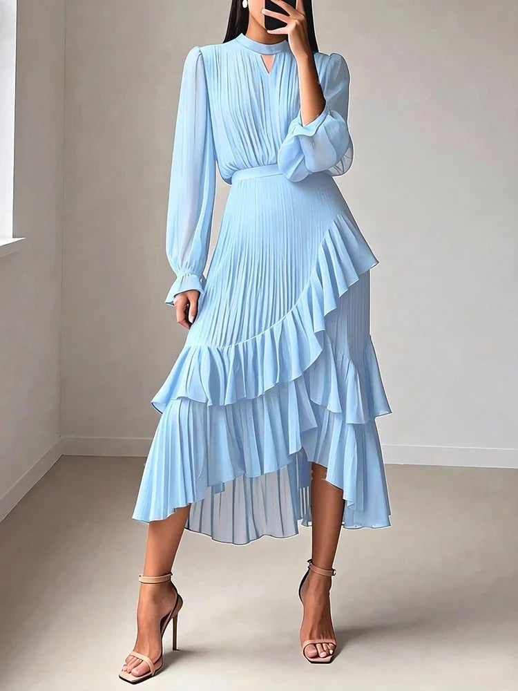 Women's Pleated Ruffle Midi Dress