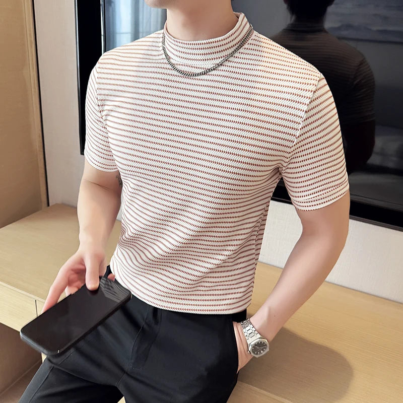 Slim Fit Striped Short-Sleeve Turtleneck T-Shirt