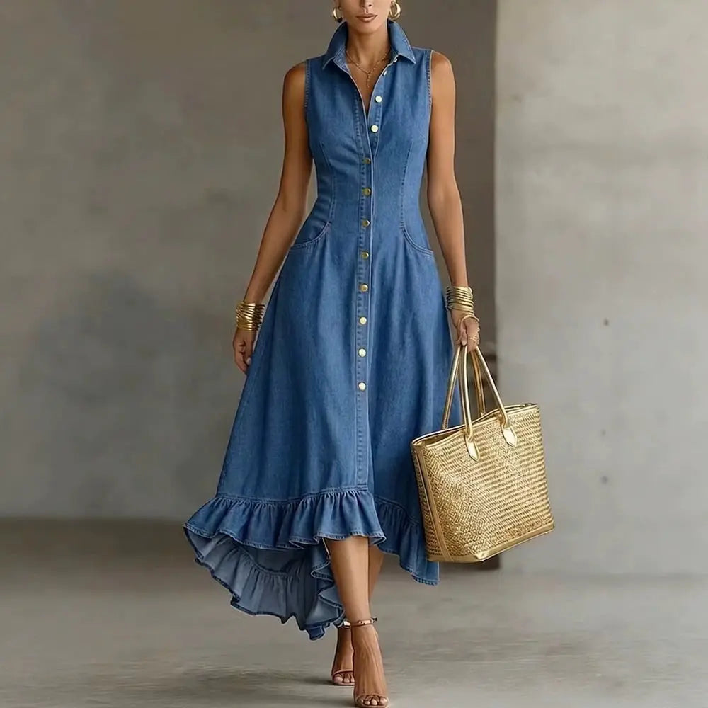 Women's Ruffle Denim Midi Dress