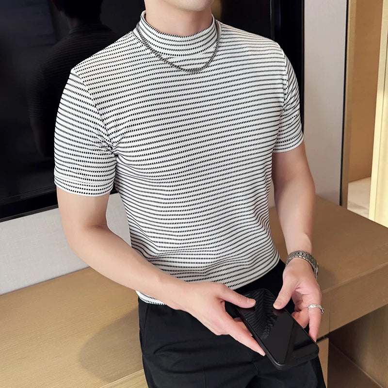 Slim Fit Striped Short-Sleeve Turtleneck T-Shirt