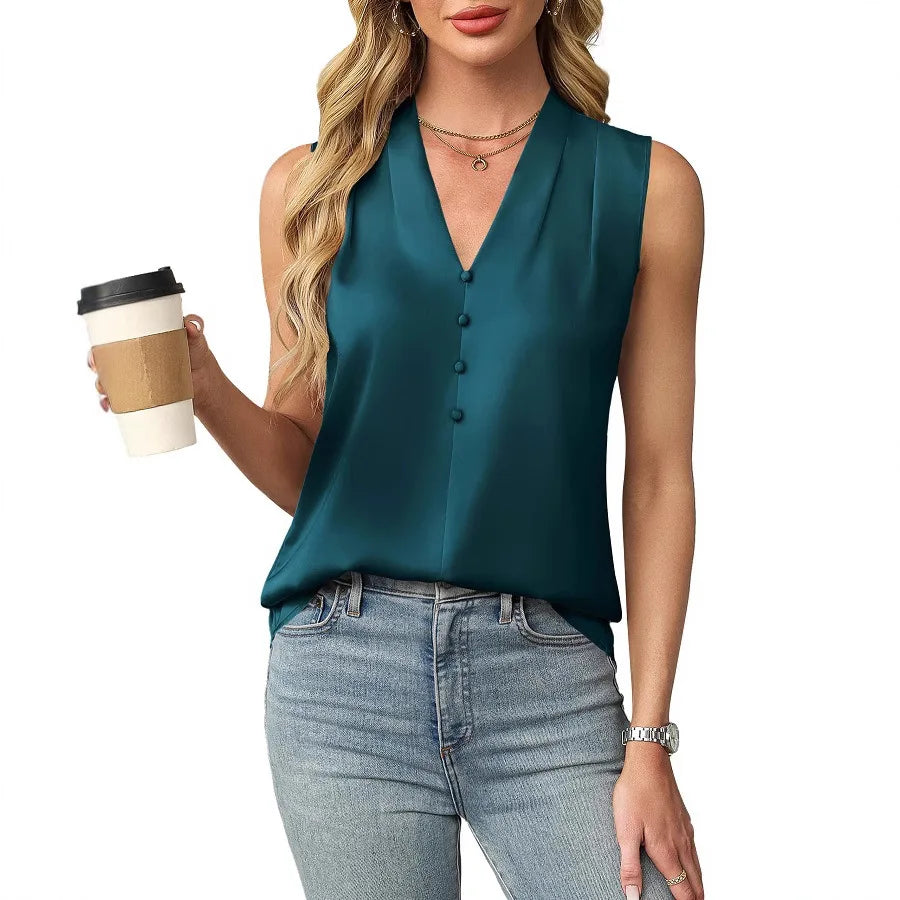 Women's Sleeveless Satin V Neck Blouse