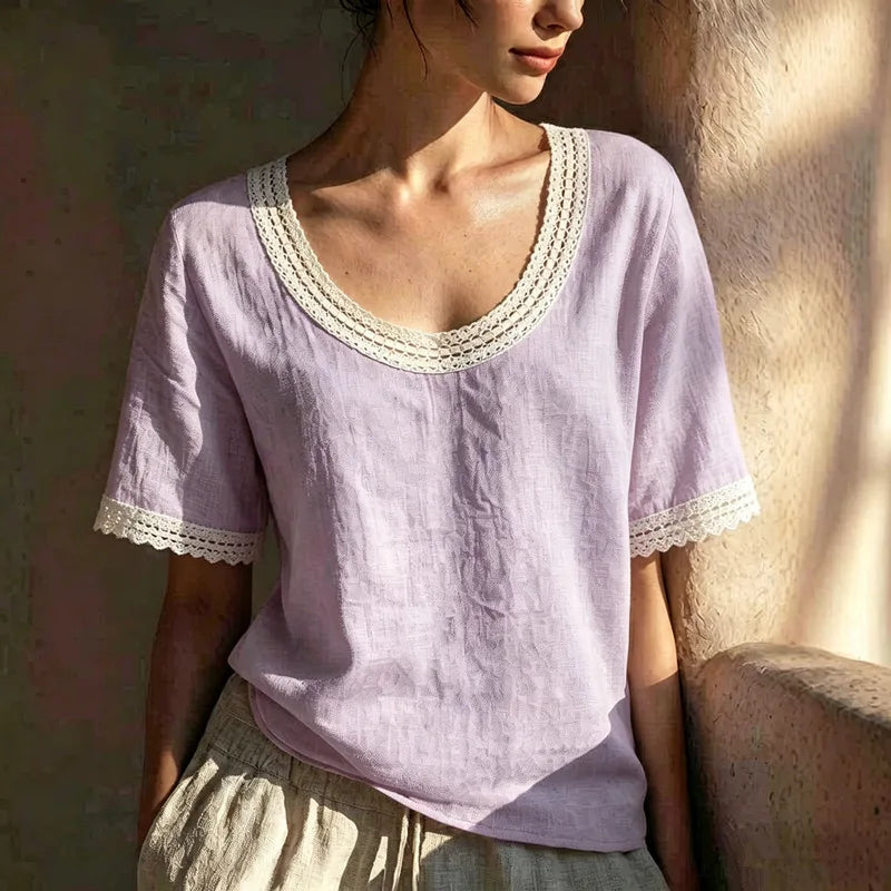 Women's Lace Trim Linen Blouse