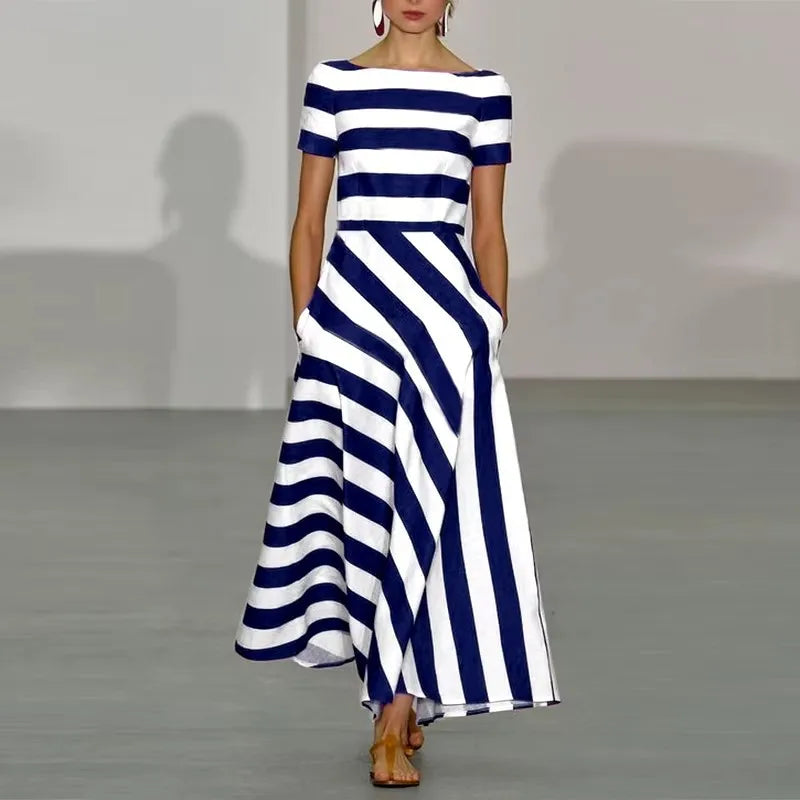 Women's Striped Boat Neck Maxi Dress