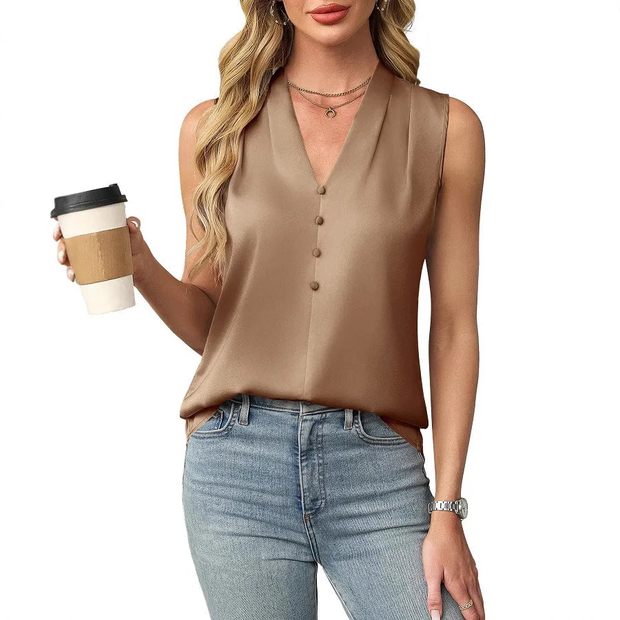 Women's Sleeveless Satin V Neck Blouse