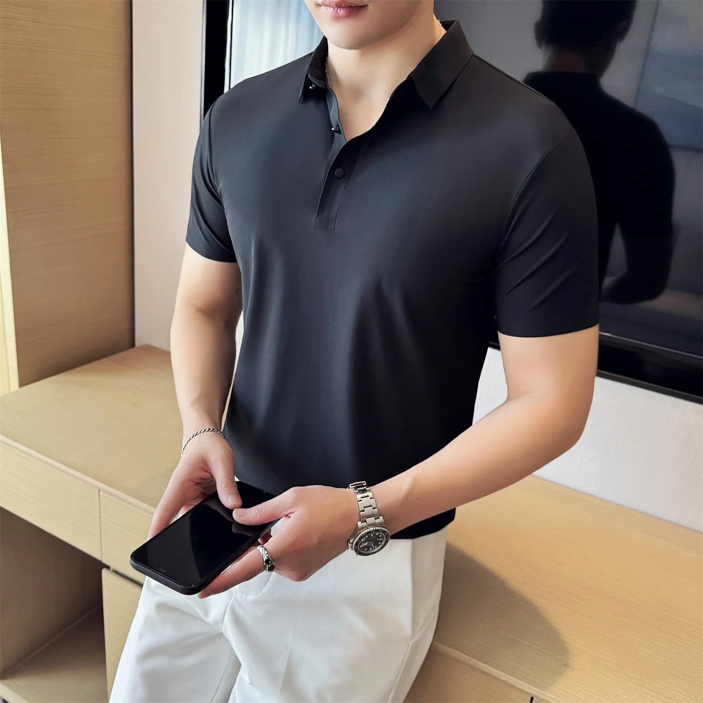 Slim Fit Silk Short-Sleeve Polo Shirt