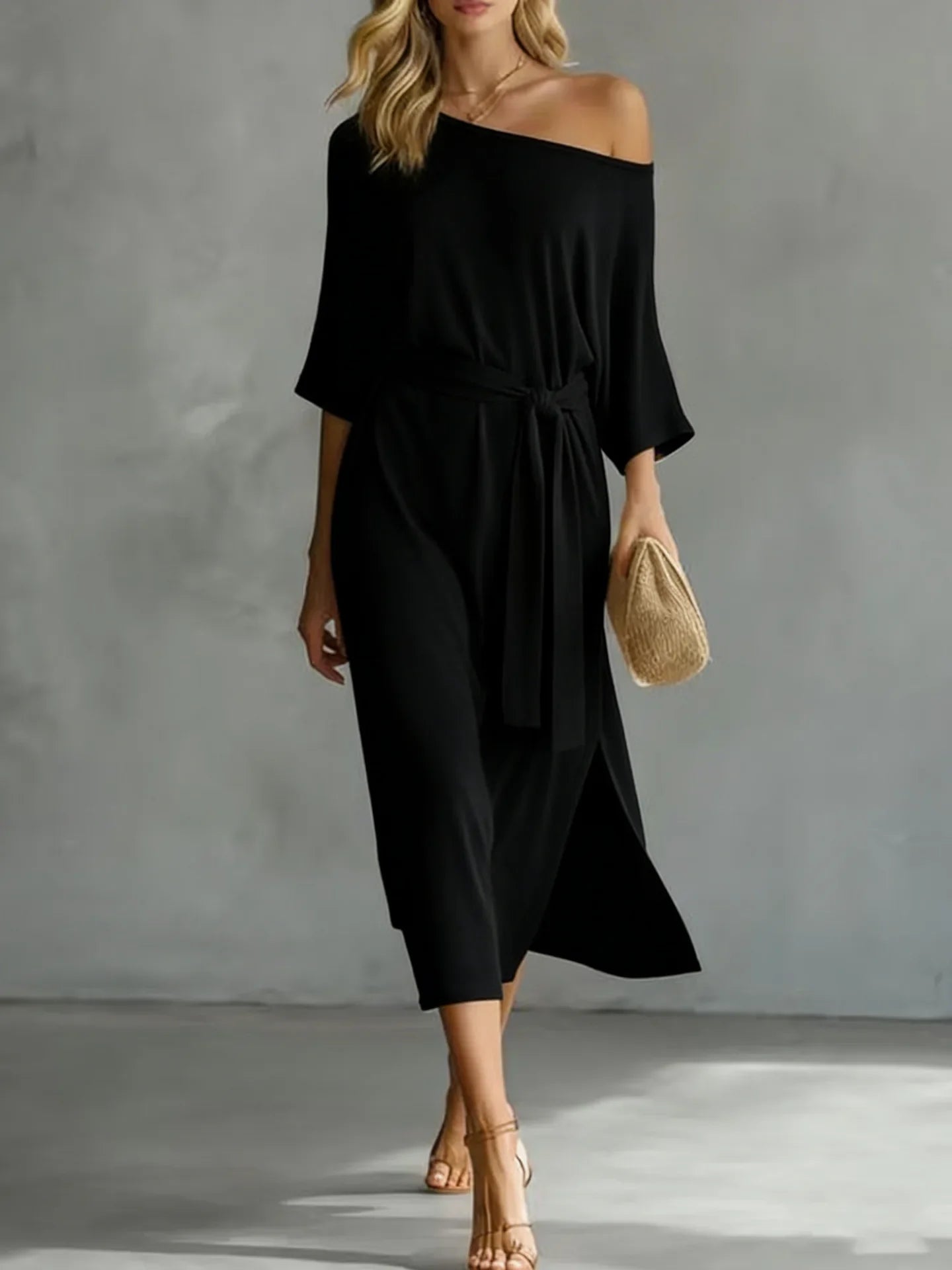 Women's Off Shoulder Waist Tie Midi Dress