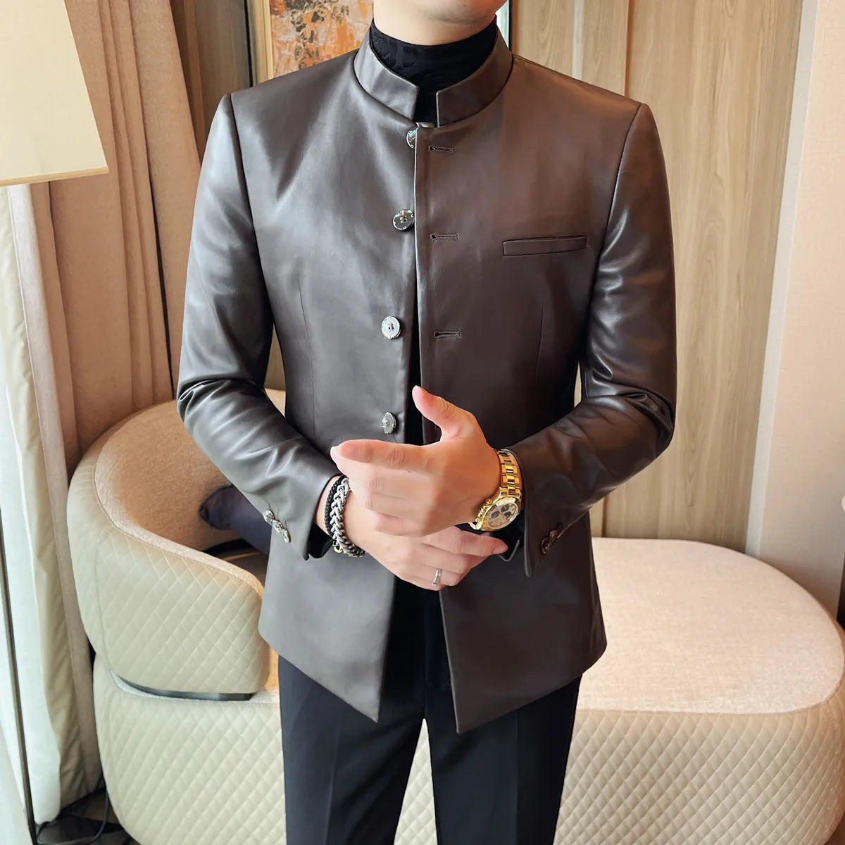 Slim Fit Leather Blazer