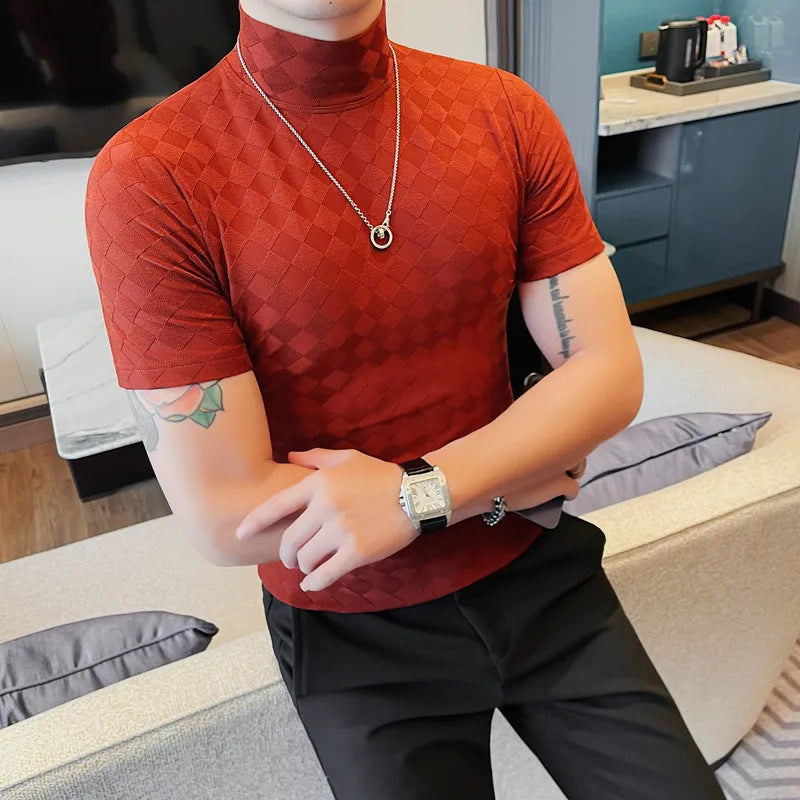 Plaid Short-Sleeve Turtleneck T-Shirt