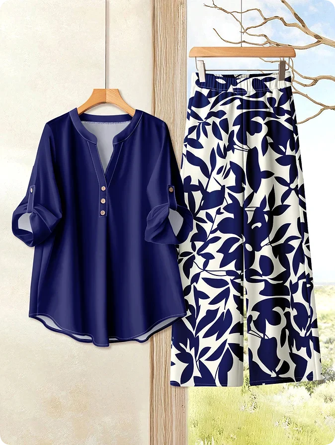 Women's Printed Loose Top Wide Leg Pants Set