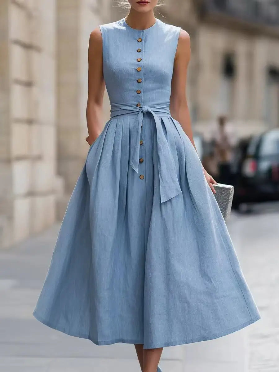 Women's Elegant Tie Waist Linen Midi Dress