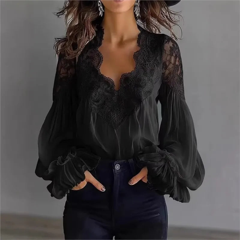 Women's Lace Trim Chiffon Blouse