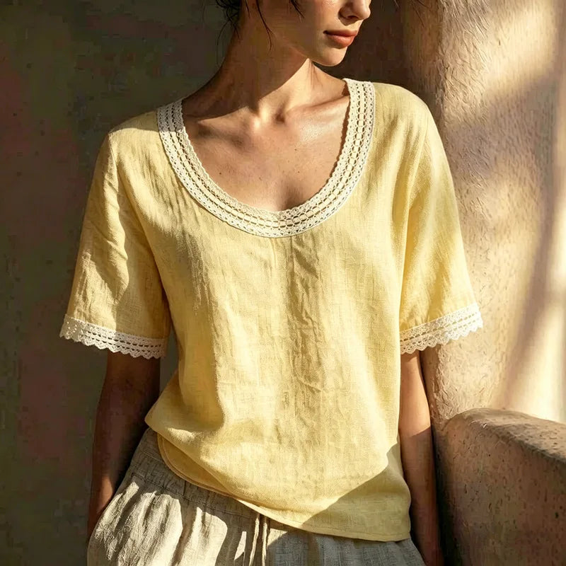 Women's Lace Trim Linen Blouse