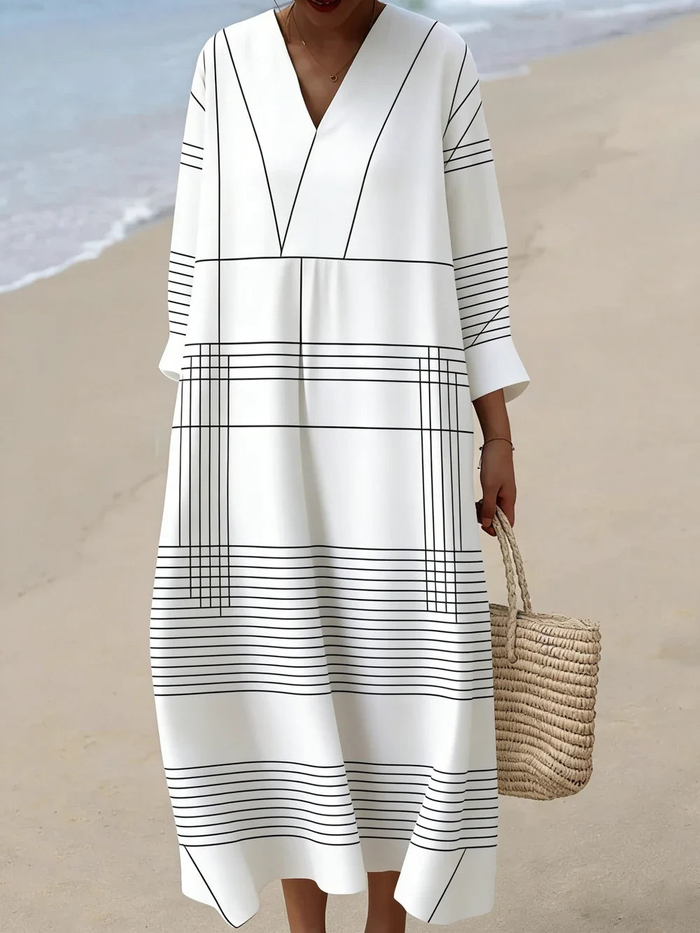 Women's V Neck Plaid Midi Dress