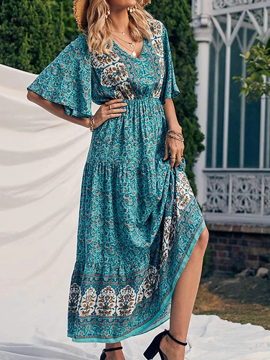 Women's Flowy Boho Print V Neck Maxi Dress