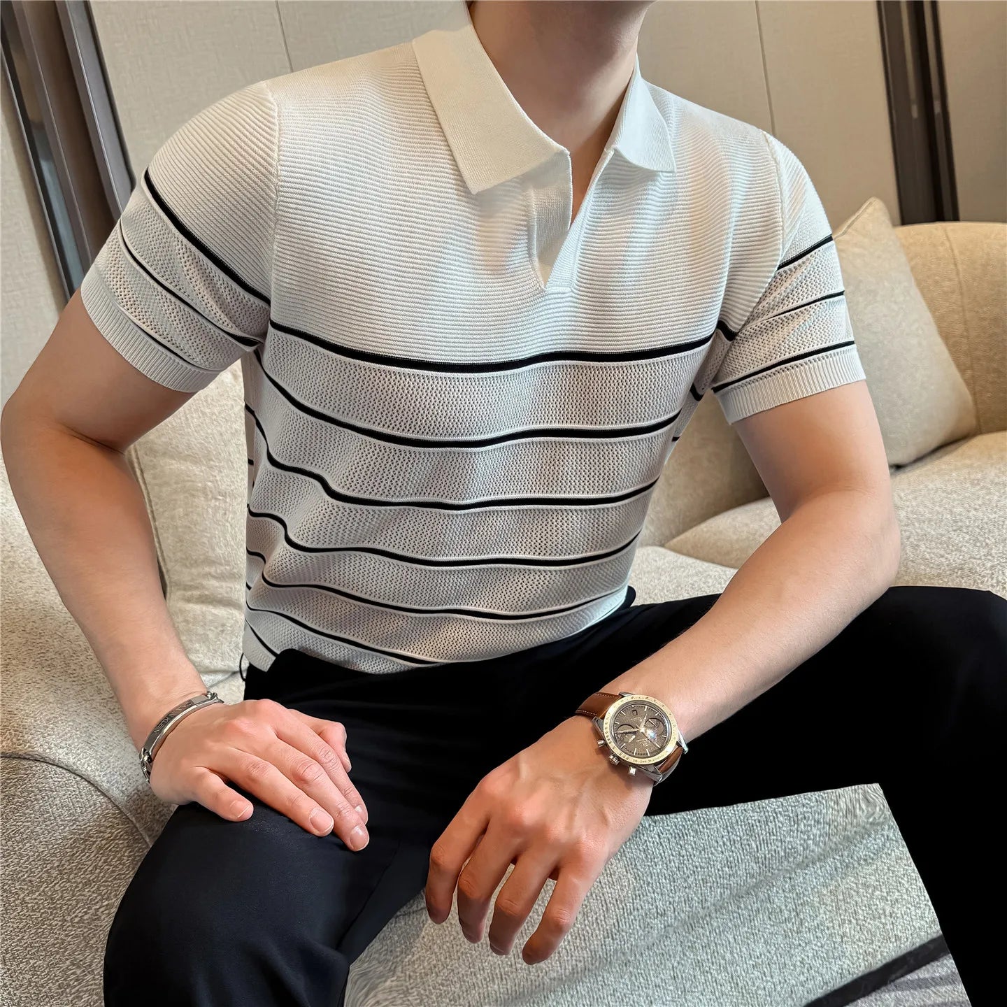 Striped Short-Sleeve V-Neck Polo Shirt