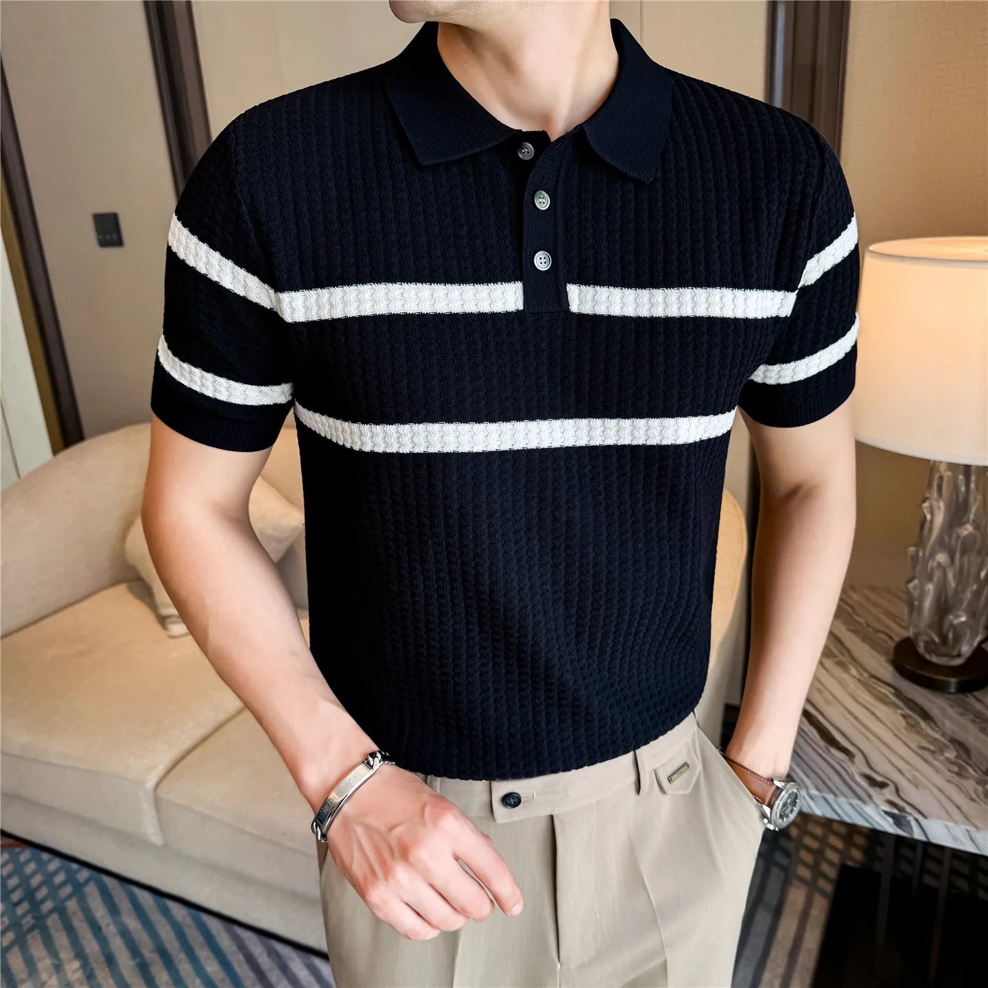 Slim Fit Striped Short-Sleeve Polo Shirt