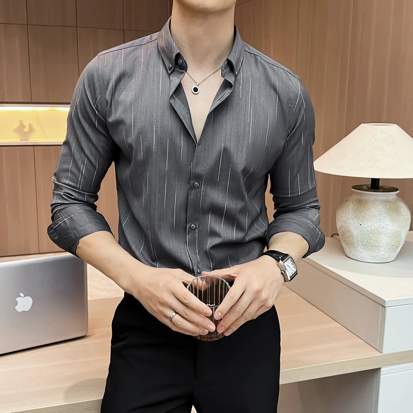 Slim Fit Striped Long-Sleeve Dress Shirt