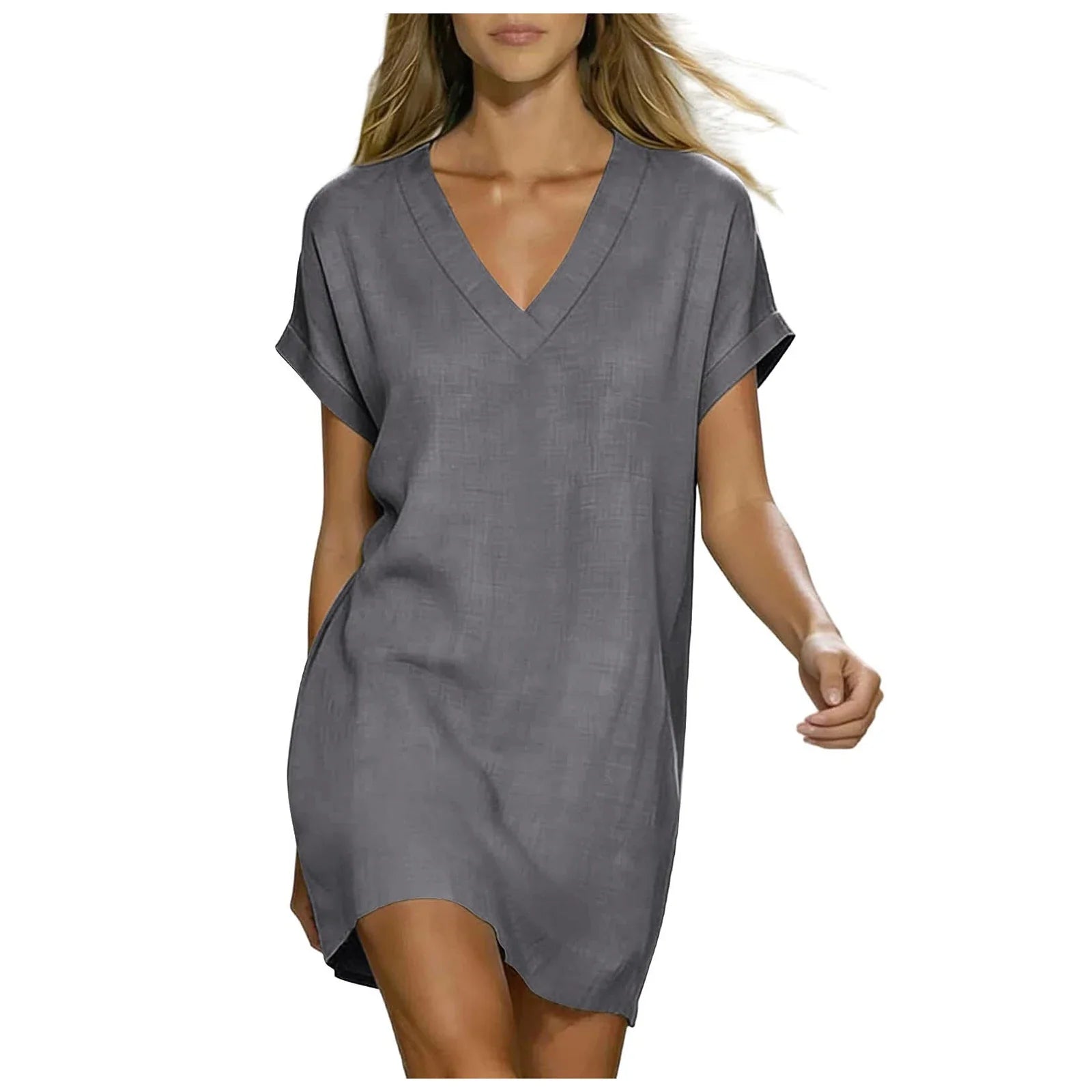 Women's V Neck Linen Shirt Dress