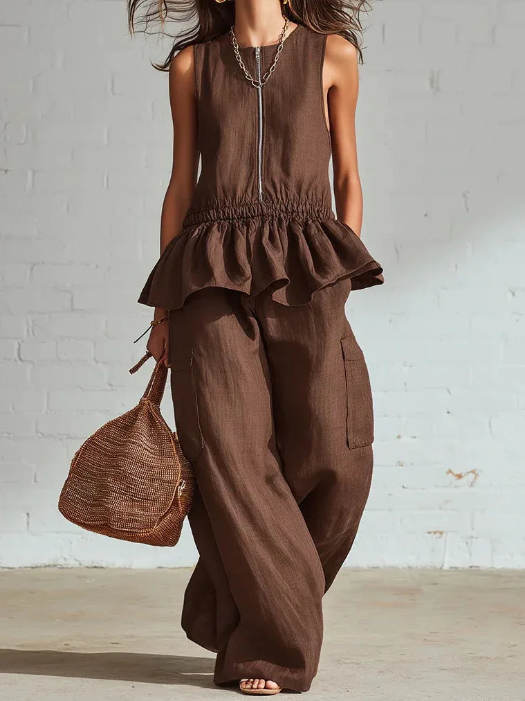 Women's Sleeveless Ruffle Trim Two-Piece Set