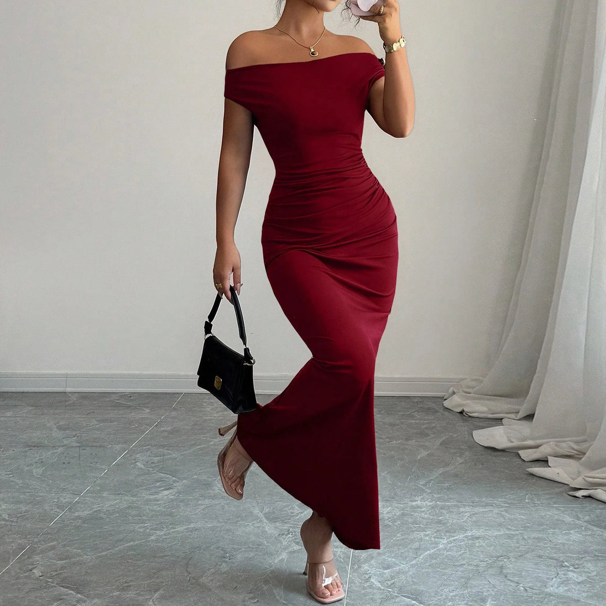 Autumn off shoulder boat neck maxi dress for evening and formal events