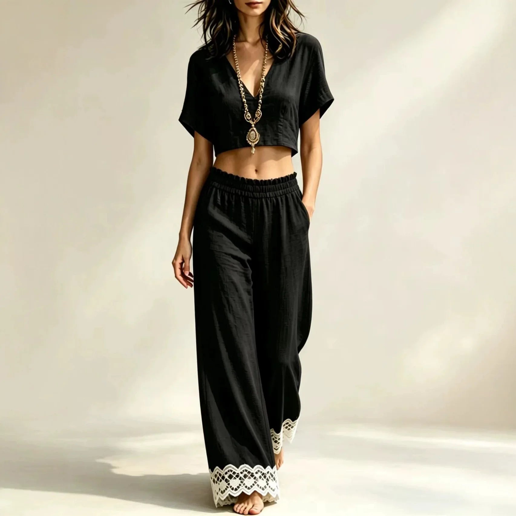 Women's Cropped Top Lace Detail Pants Set