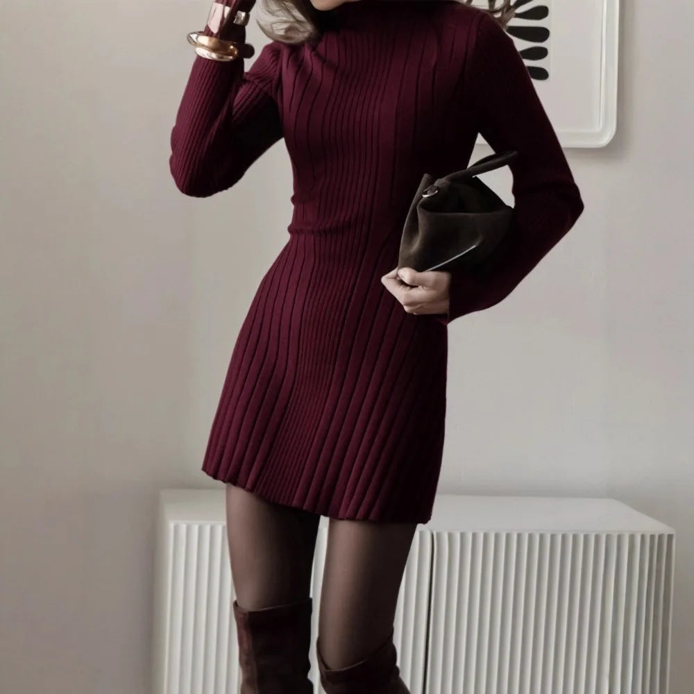 Mock neck long sleeve knit a line mini dress