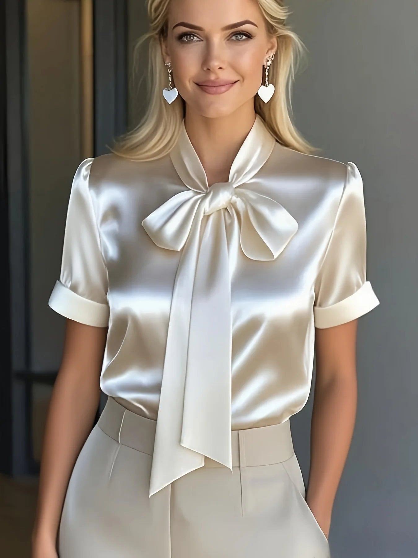 Women's Soft Satin Bow Tie Blouse