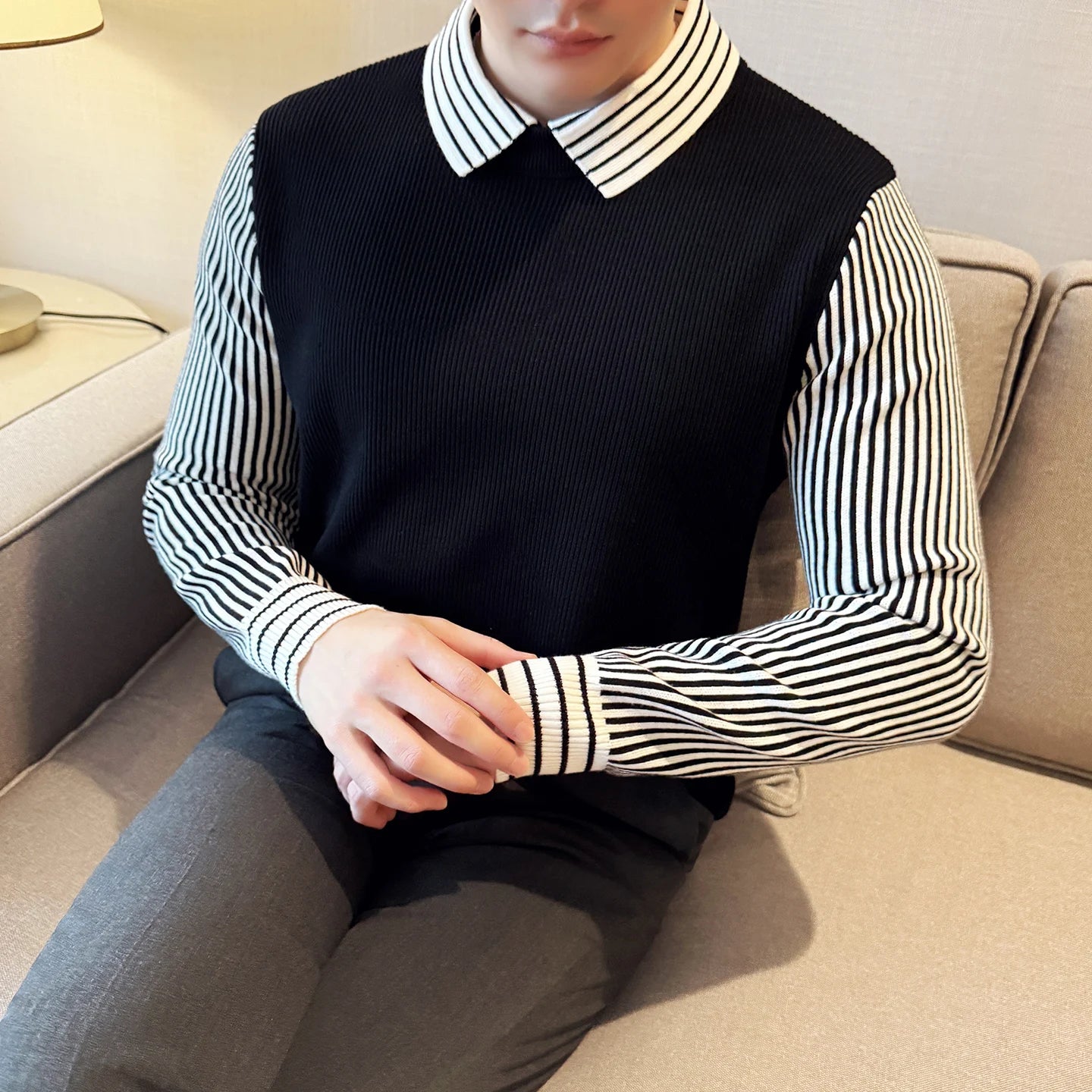 Slim Fit Striped Long-Sleeve Knit Sweater