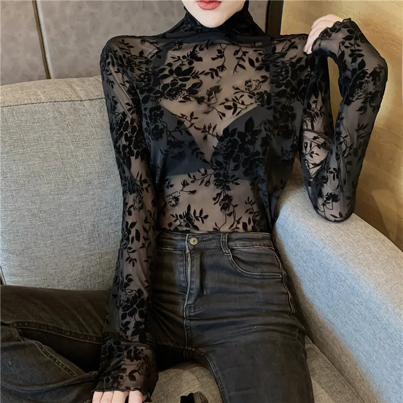 Women's Flocked Mesh Turtleneck