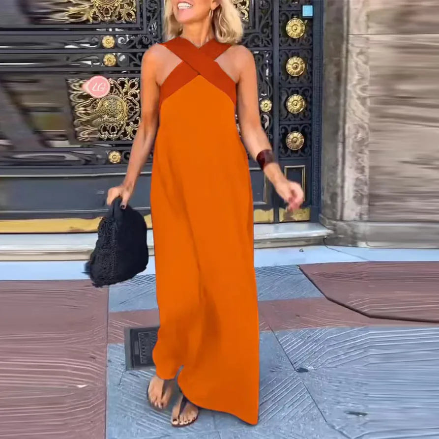 Women's Contrast Halter Backless Maxi Dress