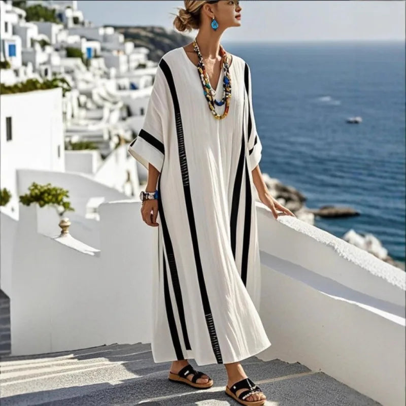 Women's Striped V Neck Kaftan Maxi Dress