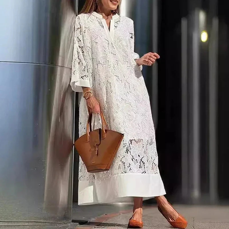 Women's Embroidered Eyelet V Neck Maxi Dress