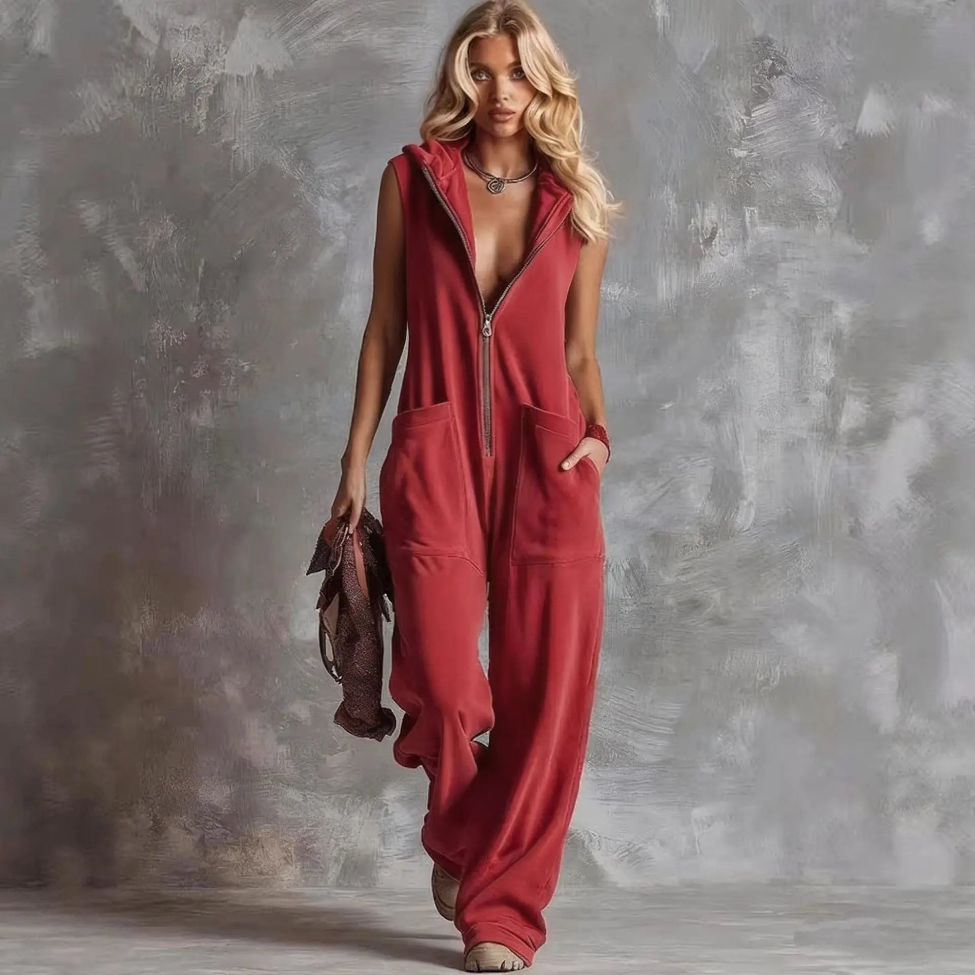 Women's V Neck Hooded Jumpsuit
