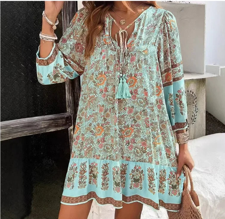 Women's Relaxed Boho Print Long Sleeve Mini Dress